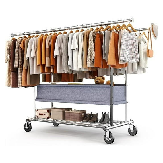 Clothing Rack Heavy Duty Clothes Rack for Hanging Clothes Load 625LBS Extendable Double Rod Clothes Rack, Adjustable Rolling Garment Rack with Wheels, Basket & Shelves 71.2''W*23.6''D*68.5''H