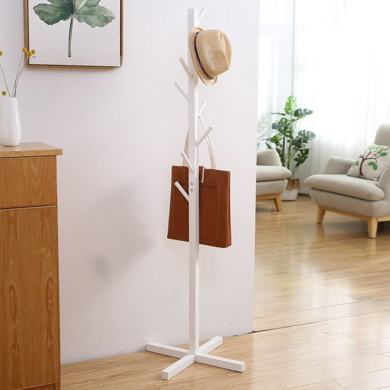 Modern White Wooden Coat Rack Stand with Hooks, Freestanding