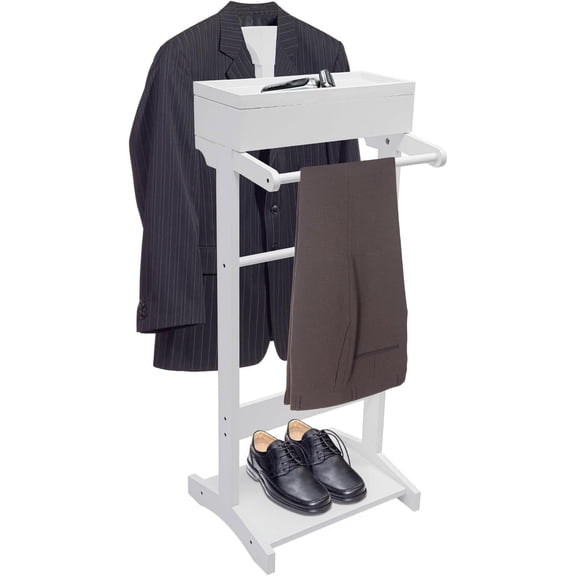 Clothing Rack with Top Tray Tall Closet Storage Organizer Suit Valet Stand for Man Steamer Stand Dresser Hat Holder Tie & Belt Hooks and Shoe Rack for Entryway Office Living Room (White)