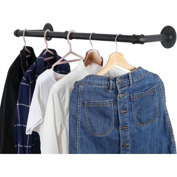 Clothing Rack Wall Mount,24" Industrial Pipe Clothes Rack for Hanging Clothes,Heavy Duty Iron Garment Rack Bar,Retail Display Clothes Rod for Closet,Laundry Room,Black