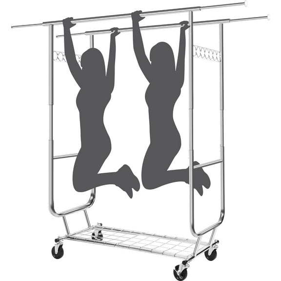 Clothing Rack with Wheels Load 620 LBS, Metal Rolling Clothes Rack, Free Standing Heavy Duty Garment Rack with Sturdy Shelves, Portable Closet Wardrobe Rack, Sliver