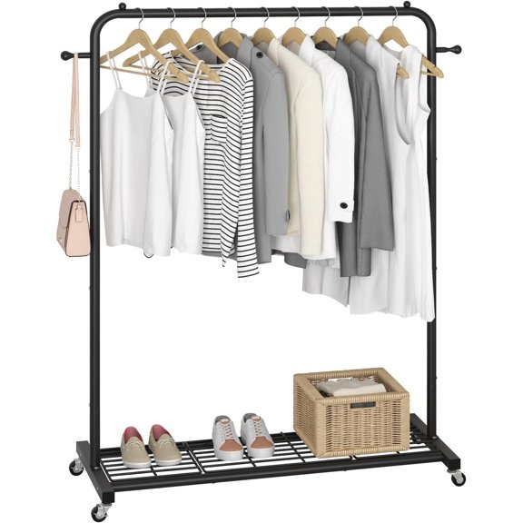 Clothing Rack Wheels with Mesh Storage Shelf & Sturdy Metal Frame, Rolling Garment Rack for Clothes, Coats, Skirts, 39.76" L x 16" W x 64.56" H,Black
