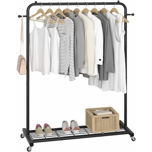 Clothing Rack on Wheels with Mesh Storage Shelf & Sturdy Metal Frame, Rolling Garment Rack for Hanging Clothes, Coats, Skirts, 39.76" L x 16" W x 64.56" H,Black