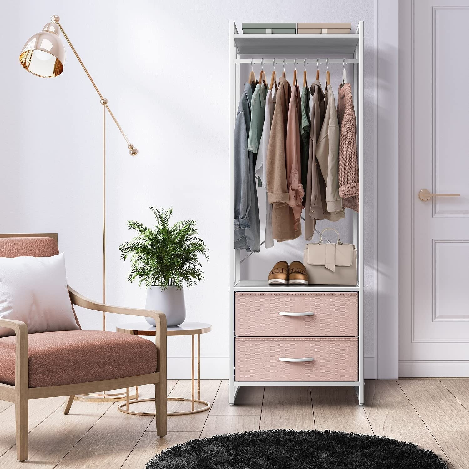 Pink and White Portable Steel Clothing Rack with Wood Top and Drawers