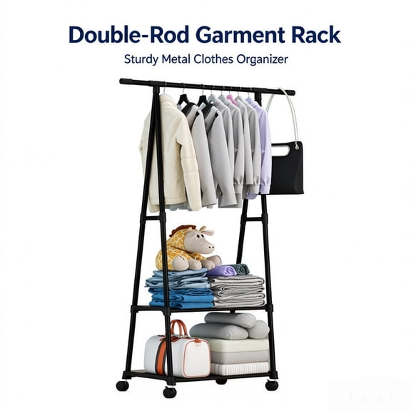 VivaMart Clothes Rack on Wheels,Triangle Coat Rack,2 Tier Rolling Clothes Hanging Portable Garment Laundry for Home Office Dorm Black