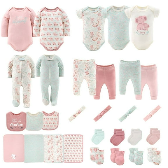 The Peanutshell 16-Piece Baby Layette Newborn Clothing Gift Set for 3 to 6 Months, Floral Elephant