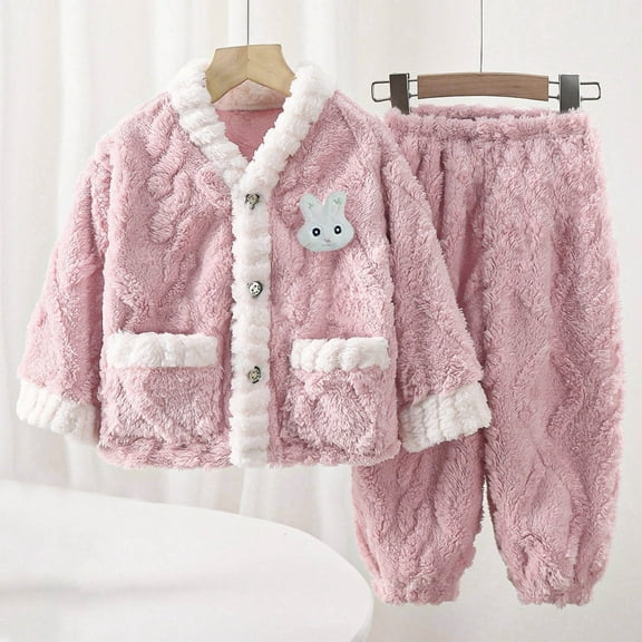 Clothing Set for Kids New Children's Winter Solid Color Adding Velvet and Thickening Long Sleeved V-Neck Blouses Two-Piece Pajamas Set for Kids Style B-4 Pinky 3-4 Years