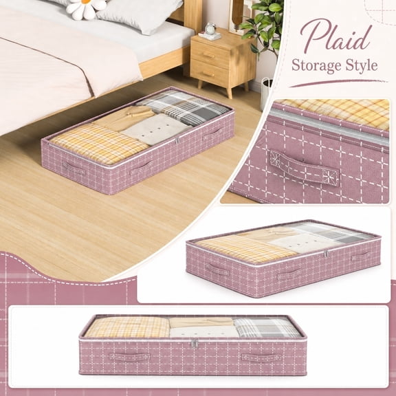 Clothing Storage, Storage Under Bed, Bedding Storage Bag, Blanket Storage, Pink Check Plaid 40X20X7 Inch Reinforced Carry Handles Clear View Window Zippered Organizer for Storing