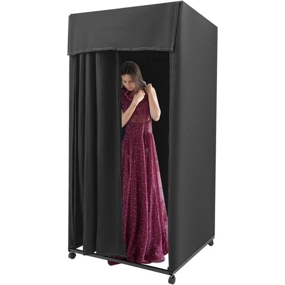 Clothing Store Fitting Room, Portable Dressing Room, Movable Changing Room for Boutique with Shading Fabric Cloth Privacy Curtains Screen for Bar Party Pool (Black 3.28 * 3.28 * 6.56ft)