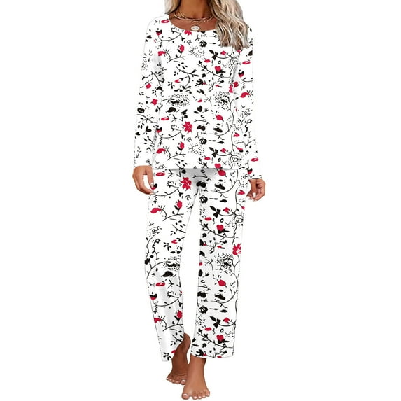 Clothing Women'S Printing Round Neck Short Sleeve Sleepshirt And Pants Sets Loungewear Pajamas With Pockets White Xxl