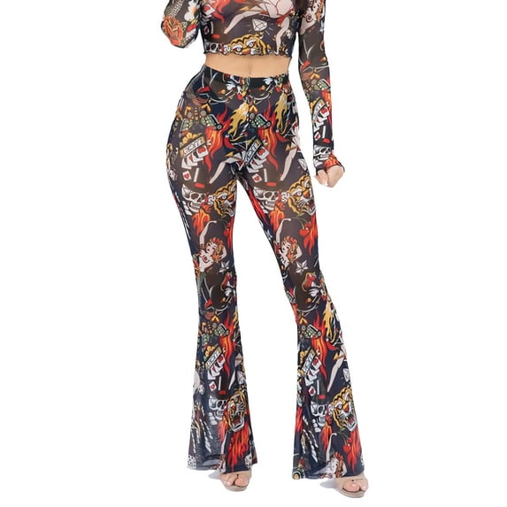 ClothingAve. Womens Soft Stretchy High Waist Boho Bell Bottom Flare Pants Navy Tattoo Small