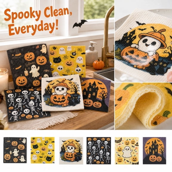 Cloths, Kitchen Decorations, Swedish Dishcloths, Halloween Ghost Decor, 8X7 Inch Thick German Wood Pulp Cotton Dish Washing Sponge Cloth with Spooky Skeleton Ghost Bat Pumpkin