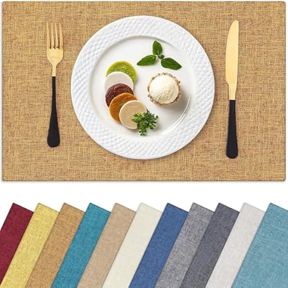 Cloths Placemats for Dining Table Set of 4, Heat Resistant Washable Cotton Linen Blend Table Mats, Easy to Clean Place Mats for Indoor Outdoor Party Kitchen Decoration, 13" x 19", Amber