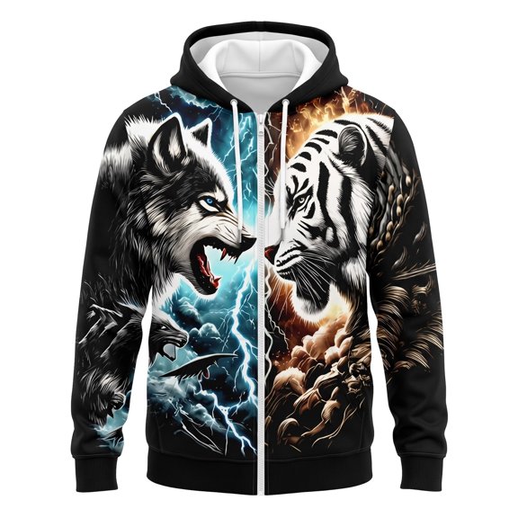 Clothstore Wolf Graphic Hoodies for Mens Tiger Lightning Print Long Sleeve Zip Up Sweatshirt Ribbed Cuffs Split Pockets Casual Jacket