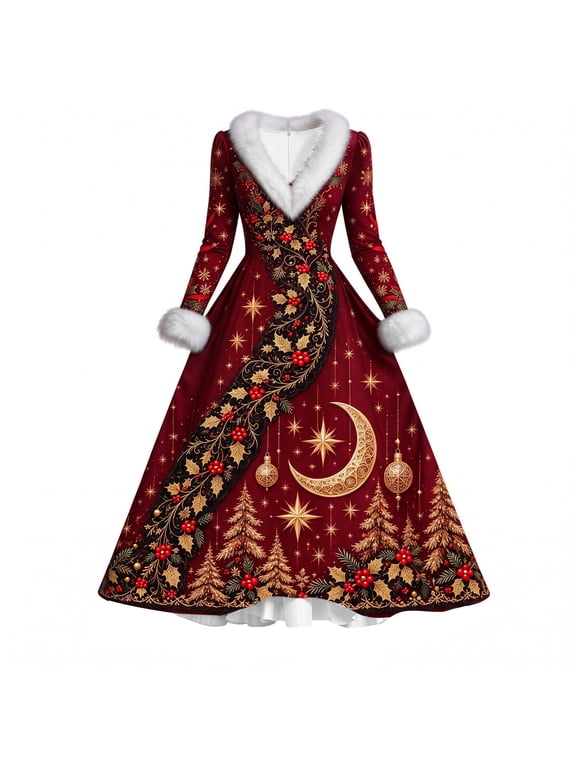 Womens Celestial Dress Moon Star Print V Neck Long Sleeve Fuzzy Neckline Fitted Waist Flared Maxi Hem Evening Gown