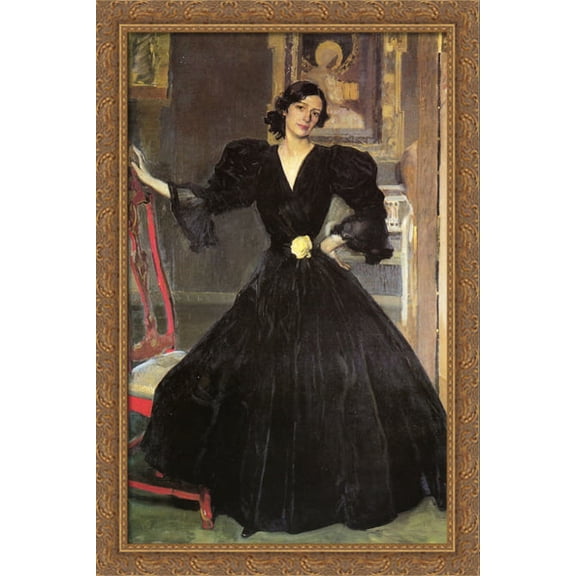 Clotilde in a Black Dress 28x40 Large Gold Ornate Wood Framed Canvas Art by Joaquin Sorolla
