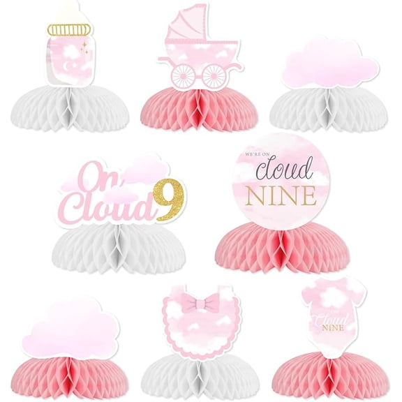 On Cloud 9 Baby Shower Party Table Decorations 8pcs Cloud Baby Shower Honeycomb Centerpiece Double-sided Printing Pink Baby Shower Centerpieces for Tables Girl Cloud Nine Party Decorations