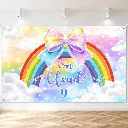 On Cloud 9 Birthday Backdrop Colorful Bow Rainbow Clouds 9th Birthday Background for Girls White Cloud 9 Years Old Birthday Party Decorations Banner Supplies Photo Booth Props price history and forecast - STSUNEOWEL