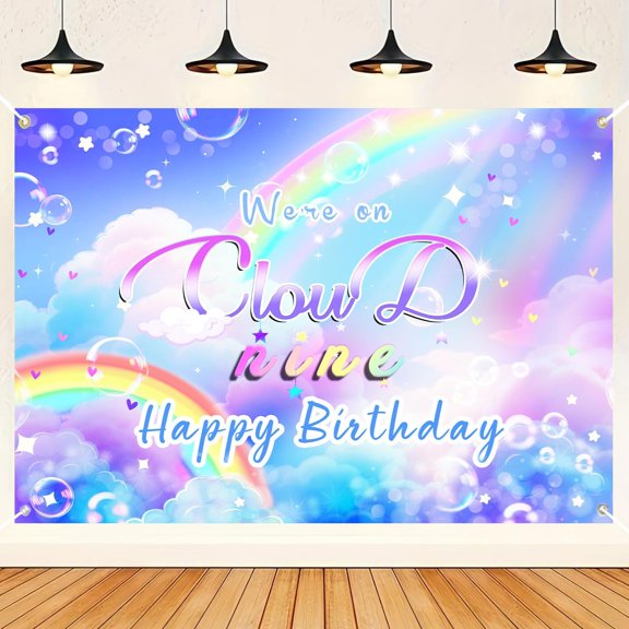On Cloud 9 Birthday Backdrop for Girls Cute Rainbow Cloud Nine Year Old Birthday Background,Princess 9th Happy Birthday Party Decorations Banner Supplies Photo Booth Props