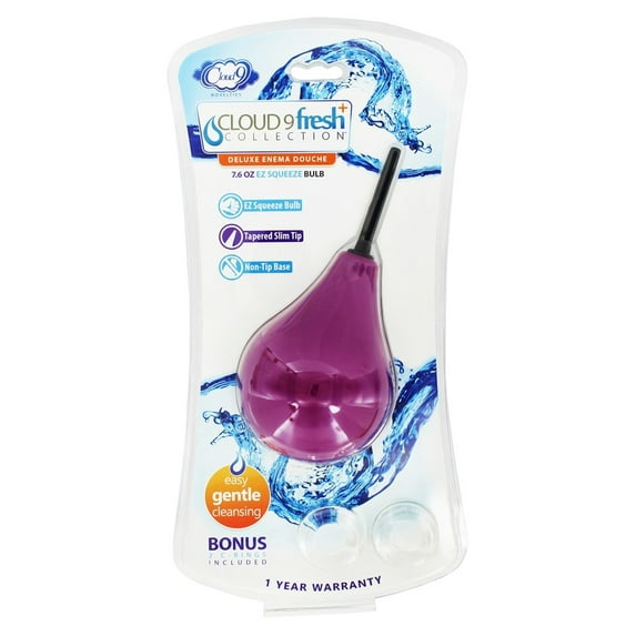 Cloud 9 Novelties Premium Deluxe Enema Douche EZ Squeeze Bulb with Soft Nozzle Taperd Tip & Bonus C Rings, Purple/Black