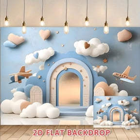 Cloud Airplane Themed Backdrop, Ideal For Birthday Party Celebration Photography, Indoor Scene Decoration, Arch Style 2D Flat Background Cloth For Event Setup