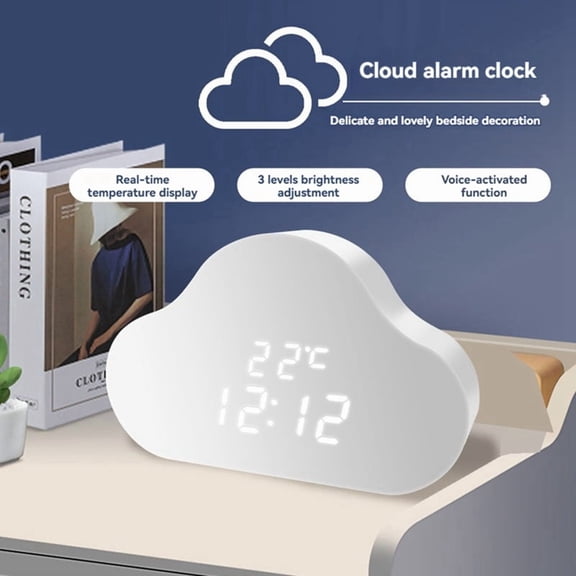 Cloud Alarm Clock with LED Night Light, Wooden PVC+MDF, 16x4x10.2cm, USB or 4xAAA Powered, Voice Control Bedside Clock