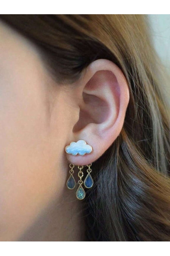Cloud And Raindrop Dangle Earrings Multicolor Goldtone With Enamel And Teardrop Stones