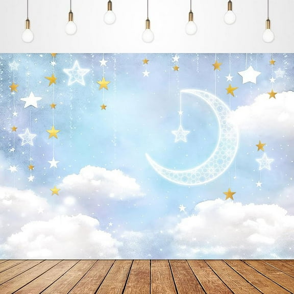 Cloud Baby Shower Boy Pretty Backdrop Cartoon Cute Blue White Gold Over The Moon Twinkle Star Banner Party Decorations Photography Background Photo Booth Studies