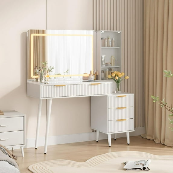 48" Fluted Makeup Vanity Desk with 3-Mode Lights Mirror, Makeup Vanity Glass Top & Power Outlet - Modern Dressing Table for Bedroom, White