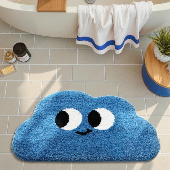 Cloud Bath Mat 31.5x20 Inch, Blue Bathroom Rug with Eyes, Soft Absorbent Non-Slip
