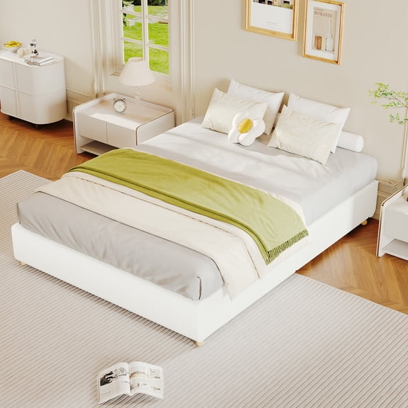 Cloud Bed Frame Full Size – Corduroy Upholstery, Low Platform, Solid Wood Legs, No Headboard, Noise-Free, Easy Assembly – Corduroy White, FULLSize