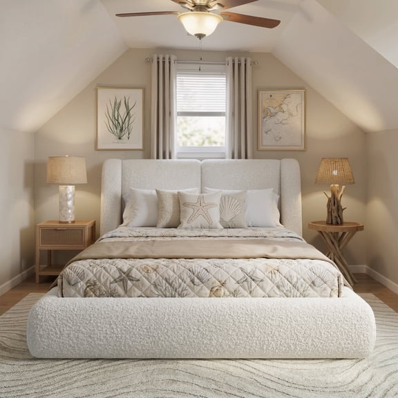 Cloud Bed Frame Full with Wingback Headboard Boucle Upholstered Platform Bed Frame with Headboard,White