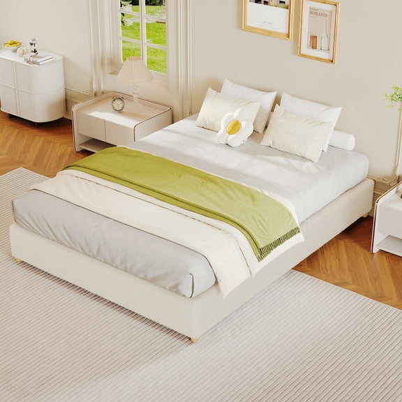 Cloud Bed Frame. Low Pro-fi-le Upholstered Platform Bed Without Headboard. Thick Fabric. Solid Wood Legs. No Box Spring Needed. Never Squeak. Easy Assembly