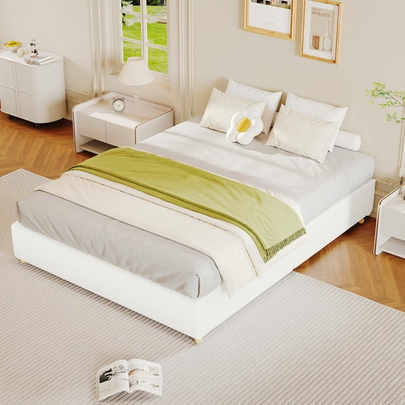 Cloud Bed Frame. Low Pro-fi-le Upholstered Platform Bed Without Headboard. Thick Fabric. Solid Wood Legs. No Box Spring Needed. Never Squeak. Easy Assembly