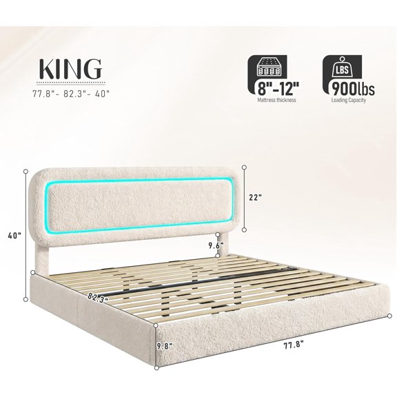 Cloud Bed Frame Size with LED Lights and Boucle Headboard, Modern Platform Bed with Anti-Collision Corners, No Box Spring Needed, Beige