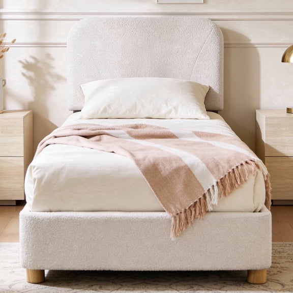 BERRY NEST Boucle Twin Size Bed Frame - Upholstered Bed Frame with Adjustable Headboard, Solid Wood Legs, Rounded Corners, Easy Assembly, Marshmallow BedFrame, Cream