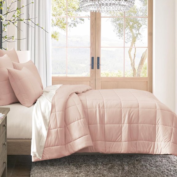 Cloud Bedding Set Queen Size - Box Stitch Quilt Light Pink Lightweight Comforter Set 3 Pieces
