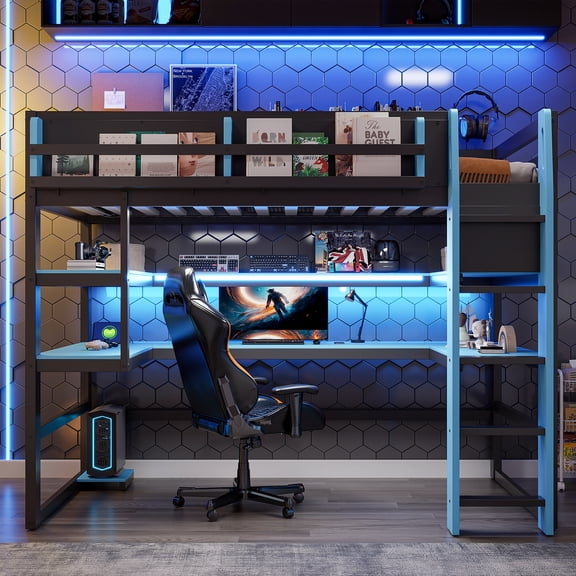 Cloud Blue Twin Size Loft Bed with Desk, Side Storage Rack, Multi-Storage Shelves & RGB Lights