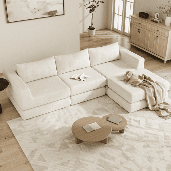 Cloud Boneless L-Shaped Modular Sectional Couch – 4-Seater Upholstered Convertible Sofa with Ottoman, Deep Seat Chenille for Living Room,Beige