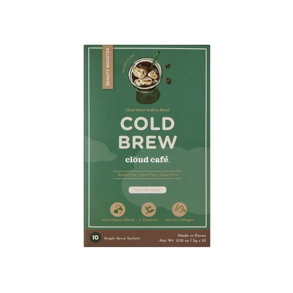 Clud Caf Collagen Infused Cold Brew Instant Coffee Packets - Multivitamin Powder, L-Theanine Amino Acids, & Marine Collagen Single Serve Instant Coffee Powder (10 Sachets)
