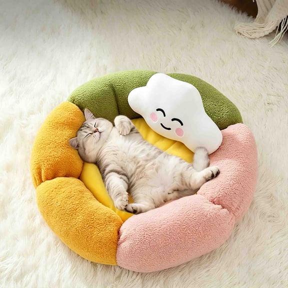 Cloud Cat Bed with Pillow Plush Flower Petal Cover Warm Cozy for Small Dogs Cats
