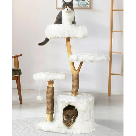 Cloud Cat Tree Aesthetic, Natural Wood Branch Cat Tree Tower with Large Condo, Soft Perches, Kitten Scratching Posts, Cat-Approved Modern Luxury Cat Tower, White