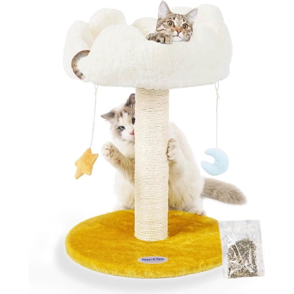 Cloud Cat Tree, Cat Scratching Post with Bed, Small Cat Tree for Kittens, Cat Scratch Post with Cloud-Shaped Soft Perch & Cute Toys, Removeable Cover, Bonus Catnip