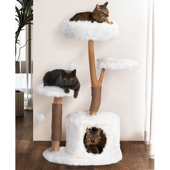 Cloud Cat Tree Tower, Solid Natural Wood Branches, Modern, Aesthetic, Unique, Cat-Approved, 34" L x 17.7" W x 41.7" H, White