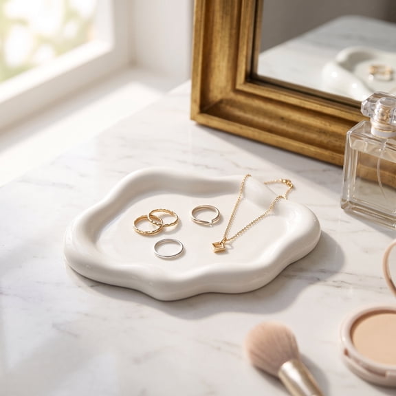 Cloud Catchall Tray, Glossy Cloud-Shaped Outline for Vanity Dresser Entryway and Bathroom Counter, 8" x 5" x 1"