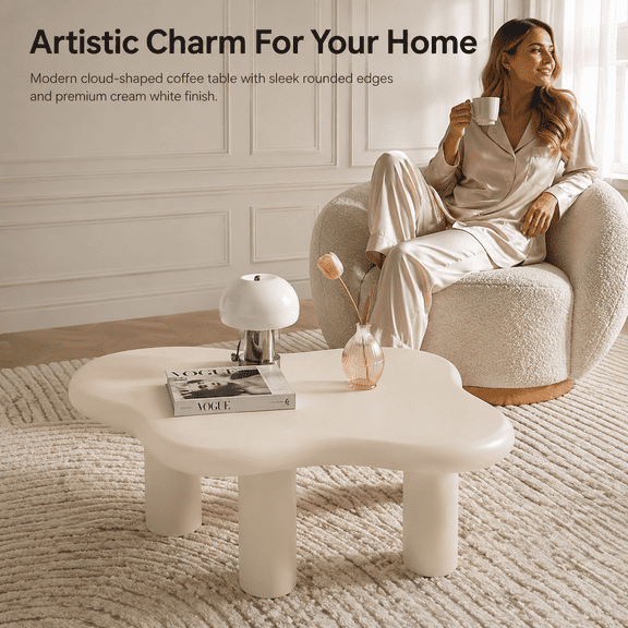 Cloud Coffee Table, Cream White Modern Center Table for Living Room
