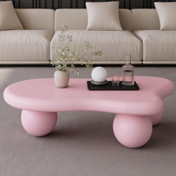 Cloud Coffee Table, Modern Cute End Table, Black White Cartoon Coffee Table, Irregular Indoor Tea Table for Living Room with 3 Circle Ball Legs, 40" Pink