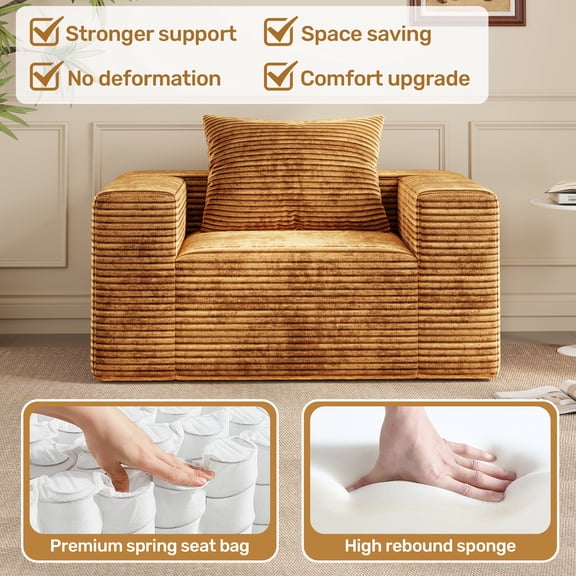 Cloud Comfort Bean Bag Chair for Adults - Soft Corduroy Single Sofa Couch with Armrests, Ergonomic Lounge Lazy Chair, 51" x 35" Yellow Brown, Perfect for Living Room, Bedroom, Dorm