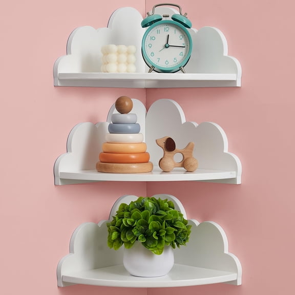 Cloud Corner Floating Shelves Set Of 3 White Wall Shelf Wooden Cute Mounted Clouds Dispaly For Kid's Room Toys  Plants & Storage
