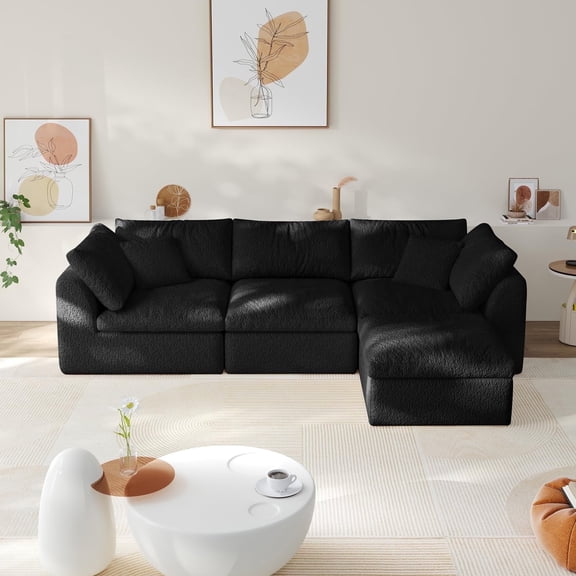 Cloud Couch – Boneless Modular Sectional Sofa with Ottoman, Oversized Sectional Couches for Living Room, Deep Seat, Soft Chenille Fabric, Modern L-Shaped Lounge,U-Shaped Sectionals(Black)
